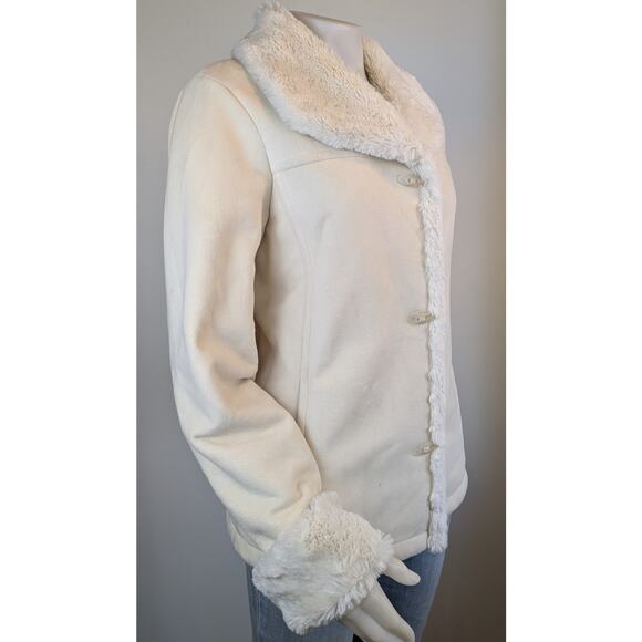 Jones New York Jacket Small Ivory Faux Shearling Trim Button Front Winter Cozy - Picture 3 of 12